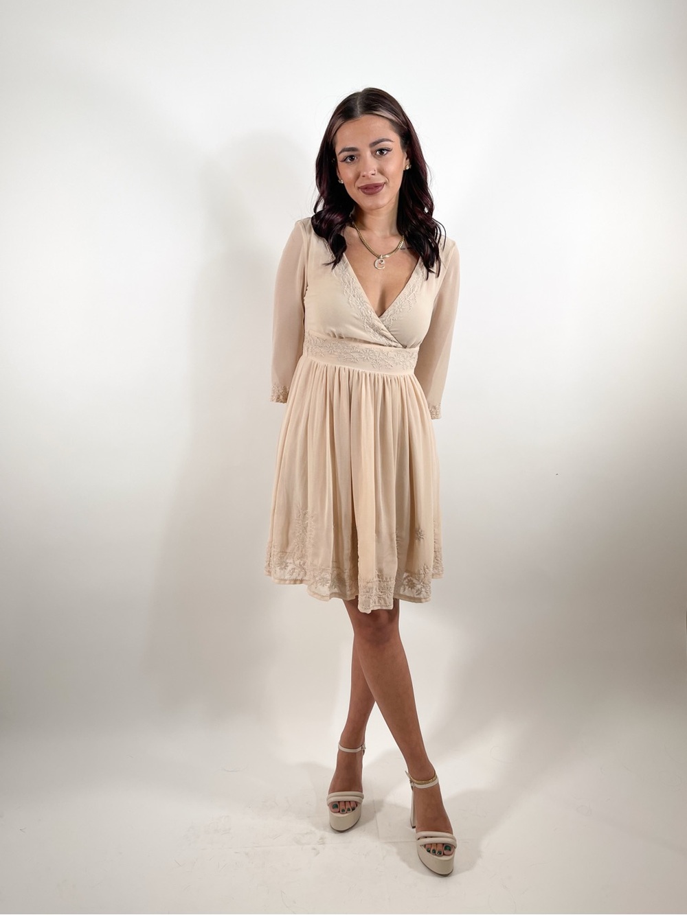 Mango Cream Lace-Trim Mini Wrap Dress